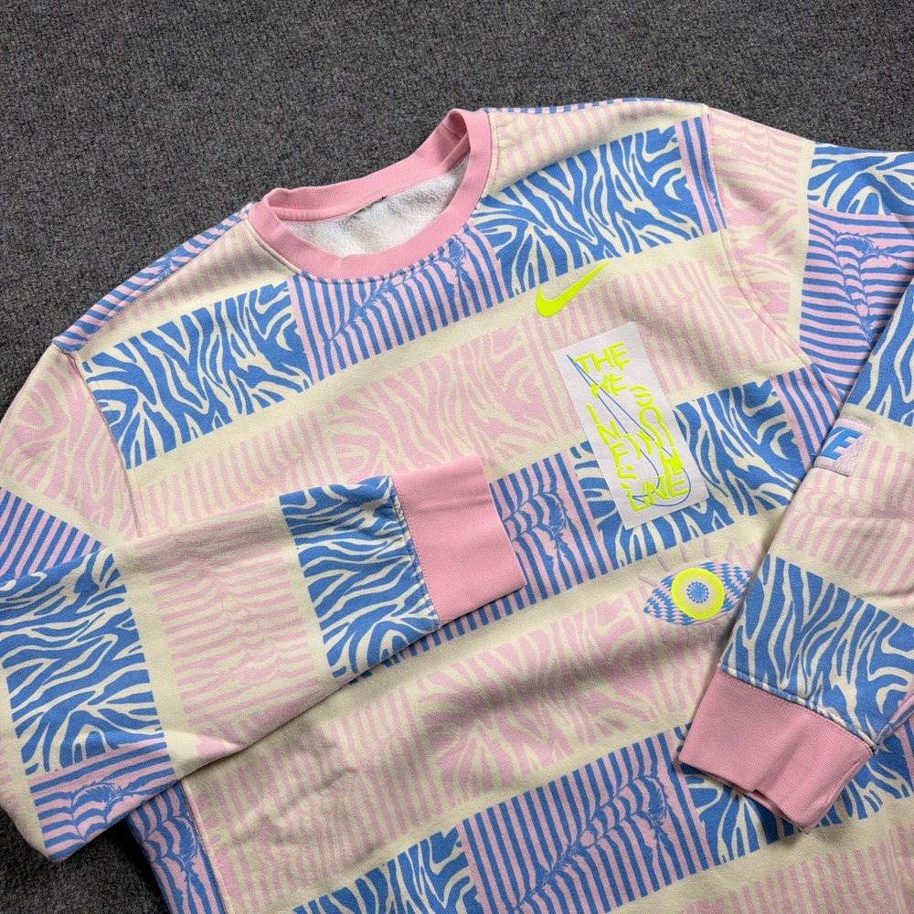 Nike Sweatshirt Trippy Safari Mens L Pink Blue Patchwork Zebra Sun Fleece